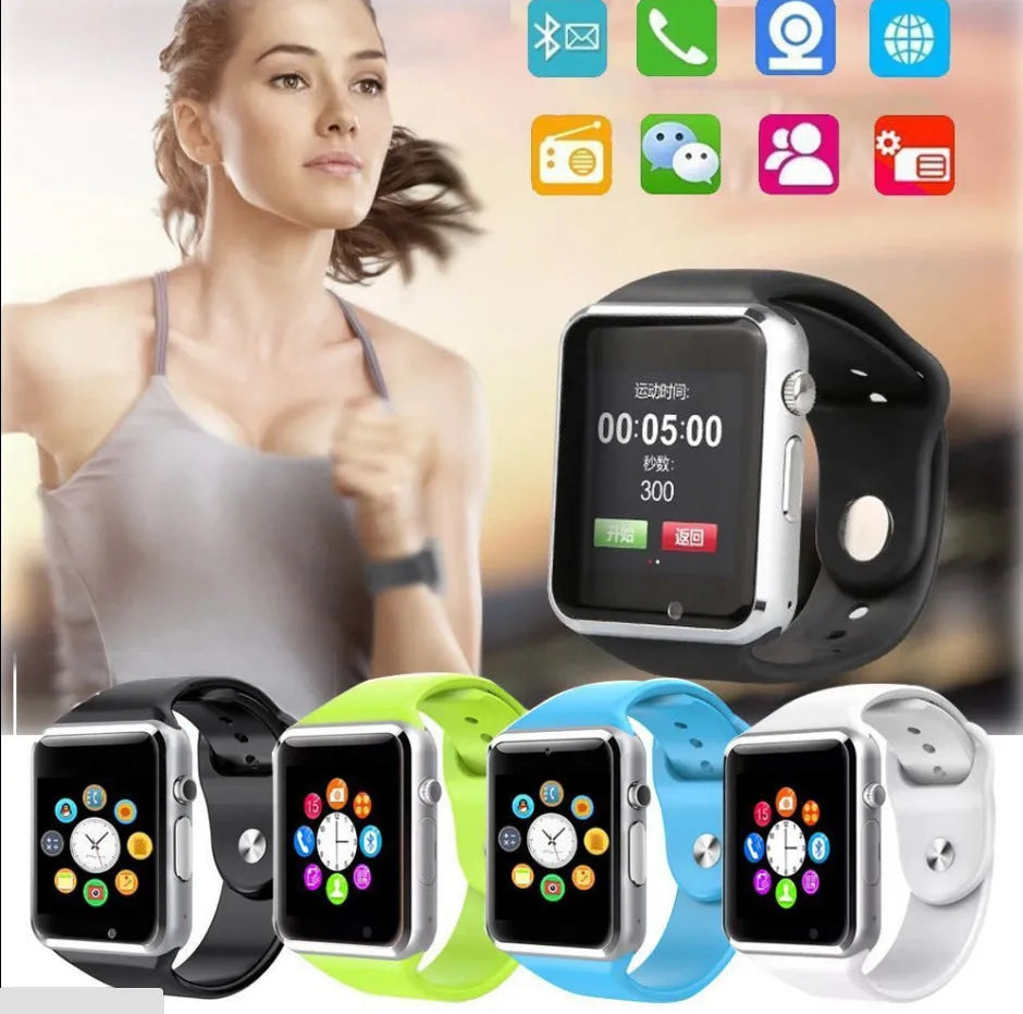 A1 smart watch with 1.54-inch touchscreen display shown in multiple colour options: black, silver, white, gold, pink, red, green, blue.