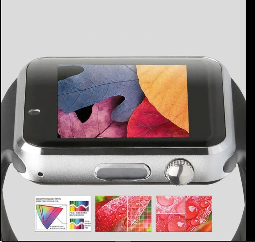 A1 smart watch with 1.54-inch touchscreen display shown in multiple colour options: black, silver, white, gold, pink, red, green, blue.