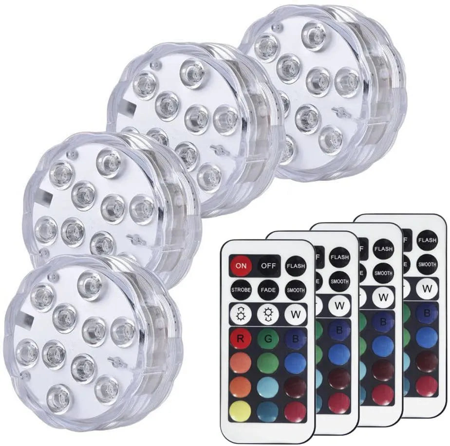 White circular IP68 waterproof RGB LED light with remote control for pools and gardens.