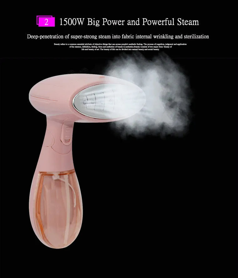 Sokany pink handheld electric ironing brush with steam nozzle and EU plug.