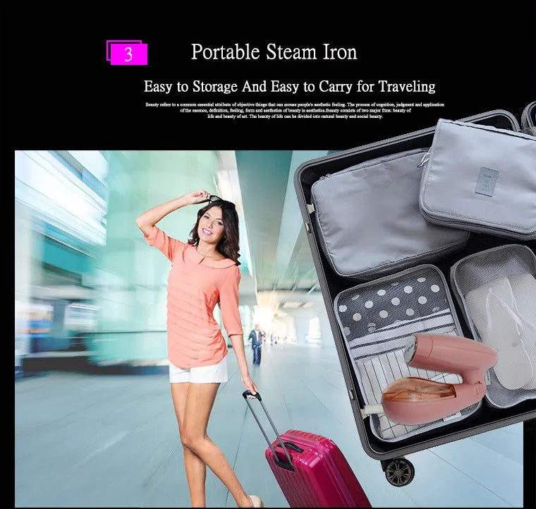 Sokany pink handheld electric ironing brush with steam nozzle and EU plug.