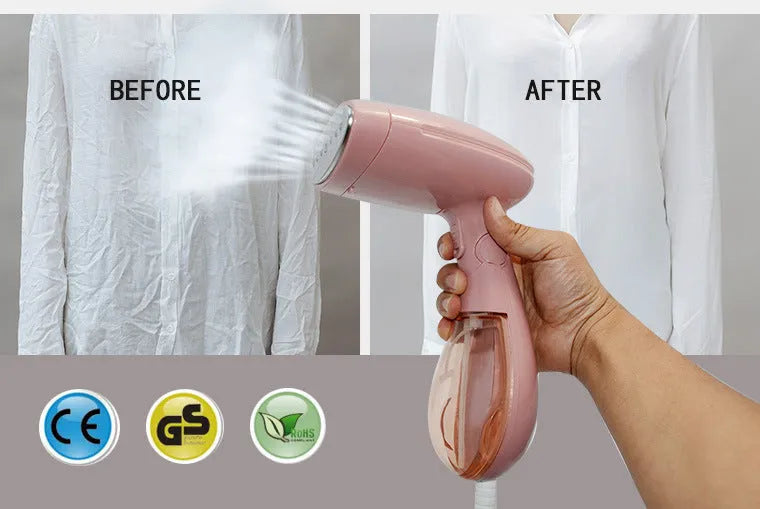 Sokany pink handheld electric ironing brush with steam nozzle and EU plug.
