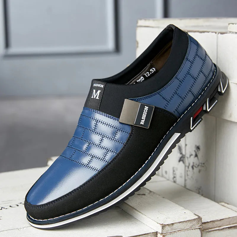 Men's casual leather shoes with low upper, available in blue, black, brown, and white in extra-large sizes 38-48