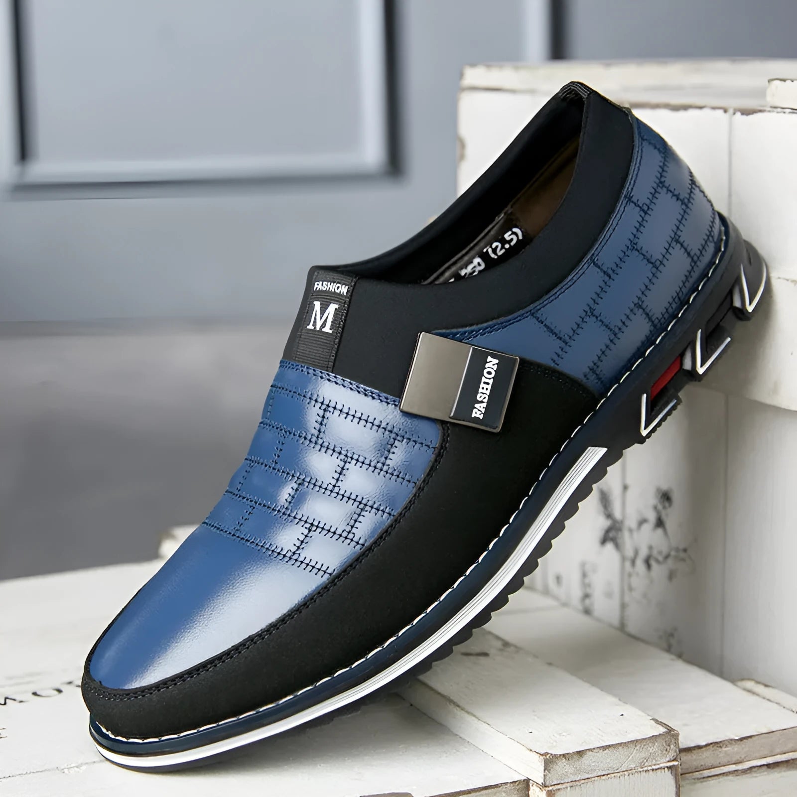 Men's black leather casual shoes with low cut design and viscose sole construction