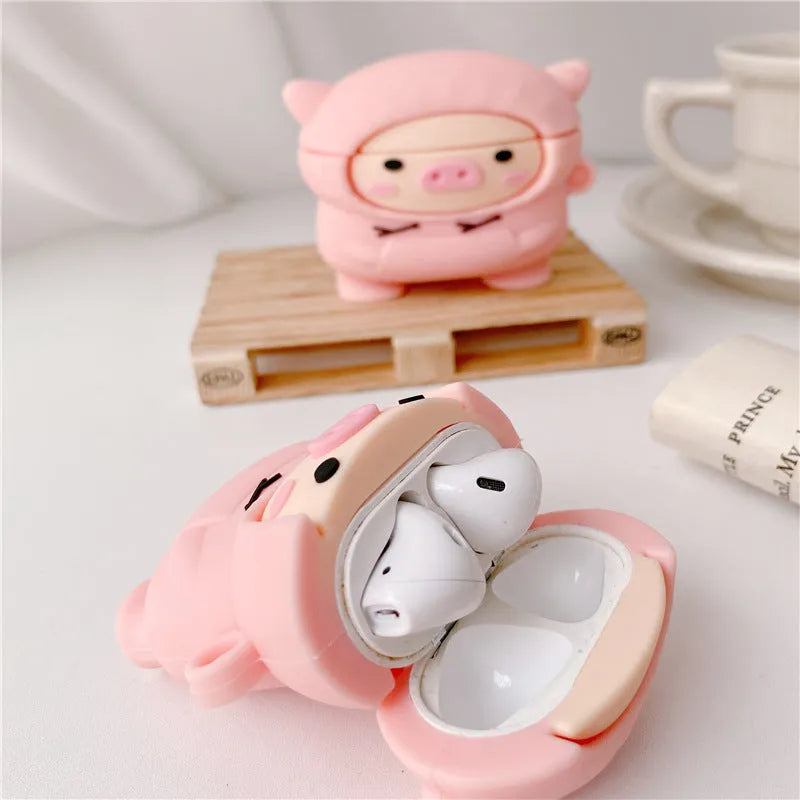 Pink pig cartoon silicone AirPods case cover with hook and flip-type design