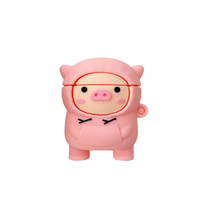 Pink pig cartoon silicone AirPods case cover with hook and flip-type design