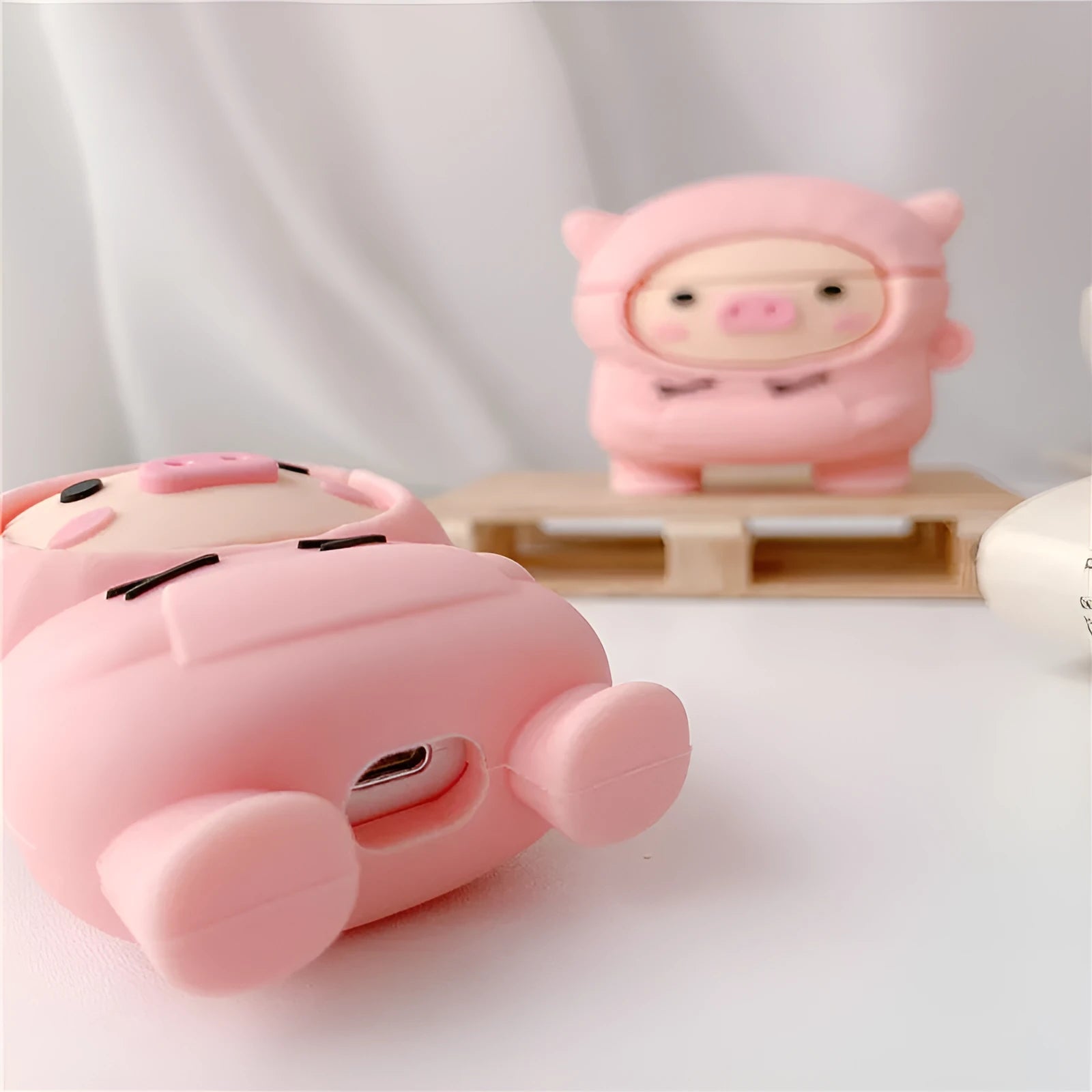 Pink pig cartoon silicone AirPods case cover with hook and flip-type design