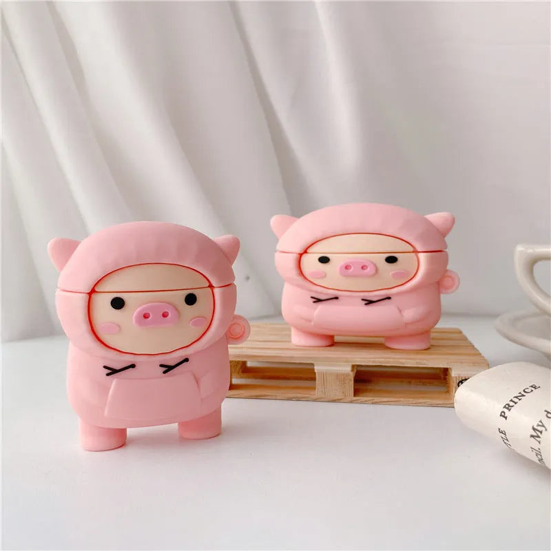 Pink pig cartoon silicone AirPods case cover with hook and flip-type design