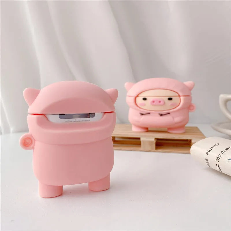 Pink pig cartoon silicone AirPods case cover with hook and flip-type design