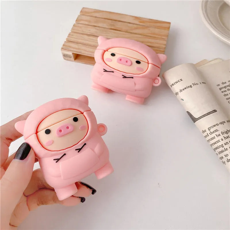 Pink pig cartoon silicone AirPods case cover with hook and flip-type design