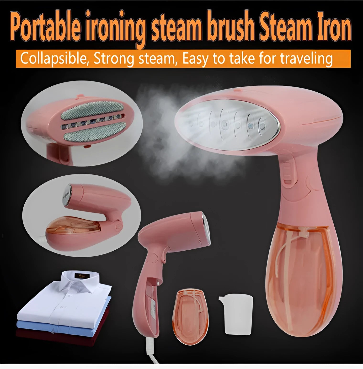 Sokany pink handheld electric ironing brush with steam nozzle and EU plug.