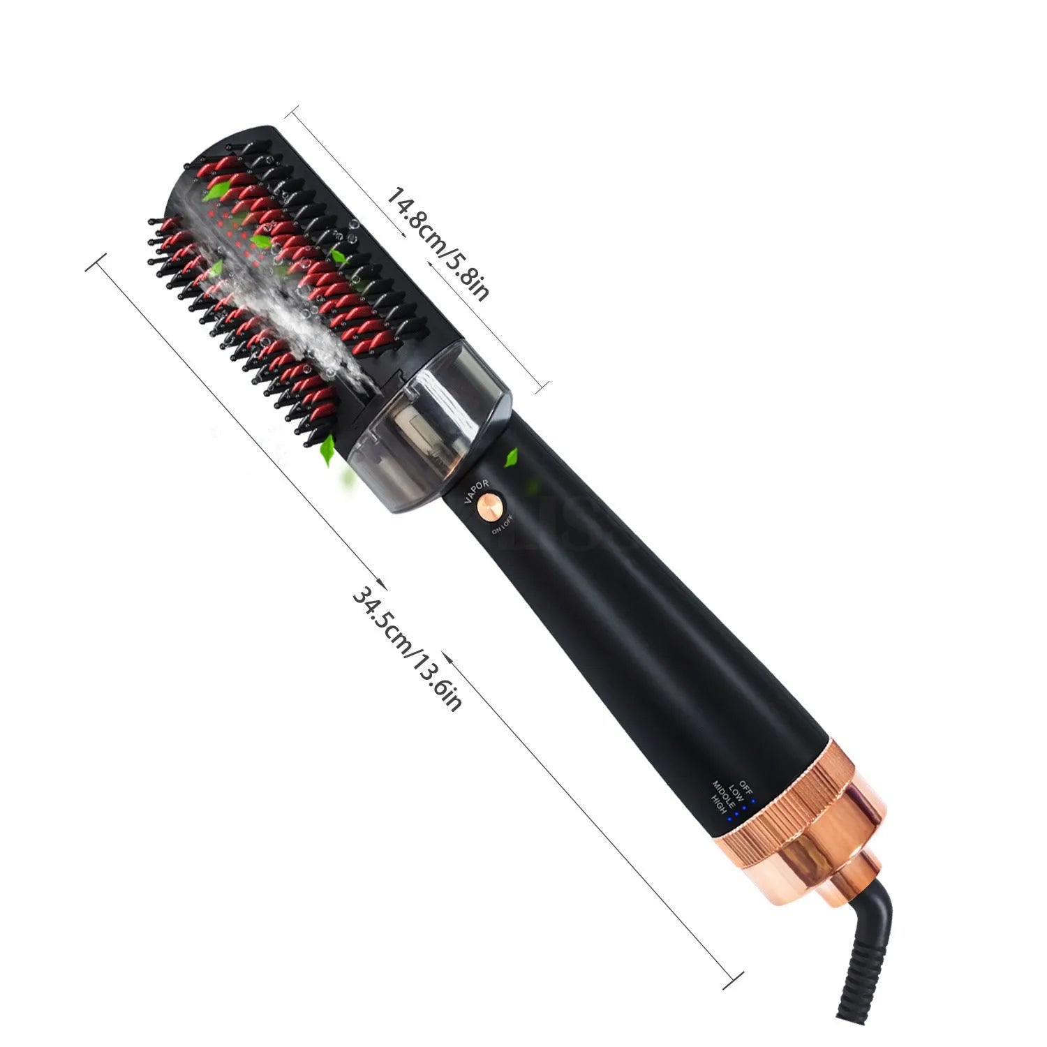 Black and pink tourmaline hot air comb for hair styling with temperature control dial