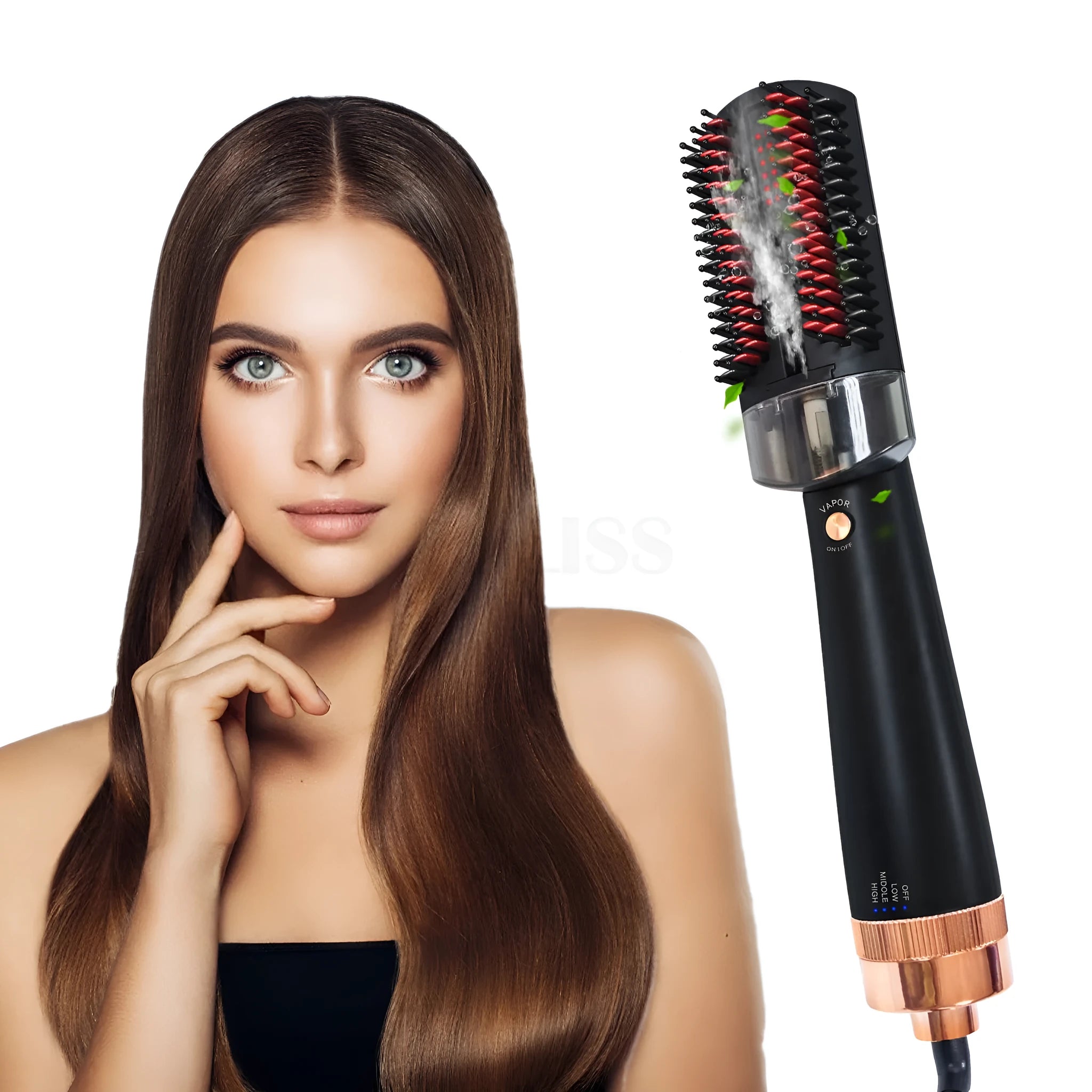 Black and pink tourmaline hot air comb for hair styling with temperature control dial