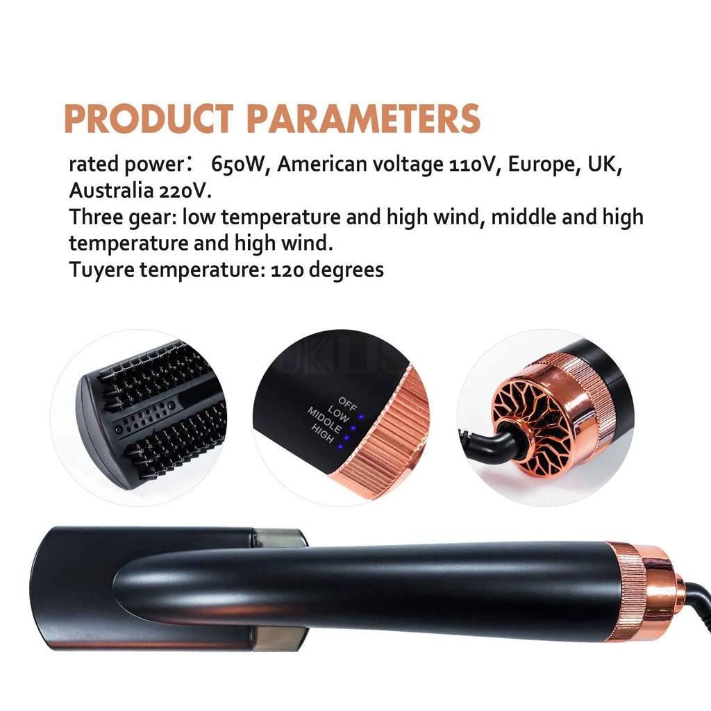 Black and pink tourmaline hot air comb for hair styling with temperature control dial
