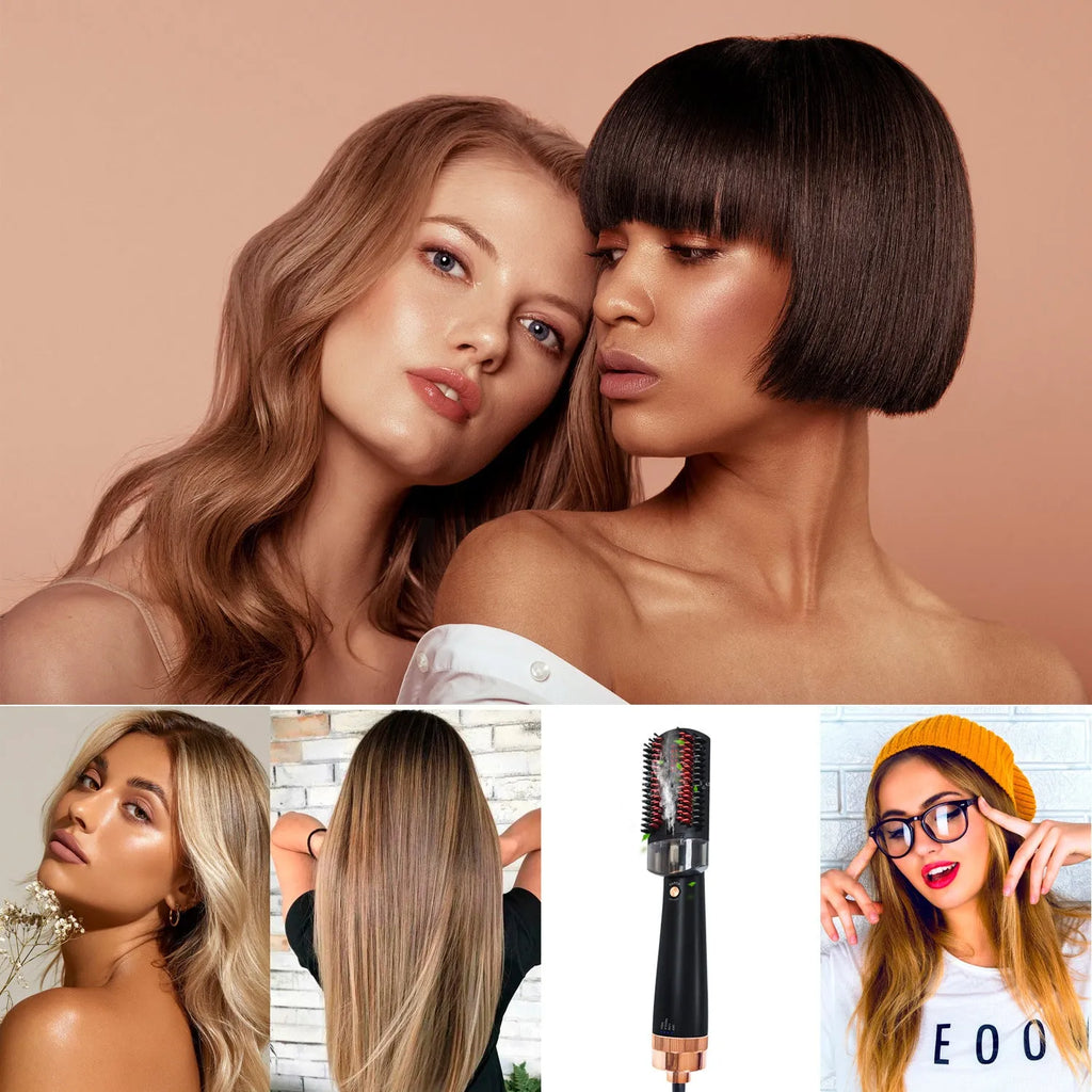 Black and pink tourmaline hot air comb for hair styling with temperature control dial