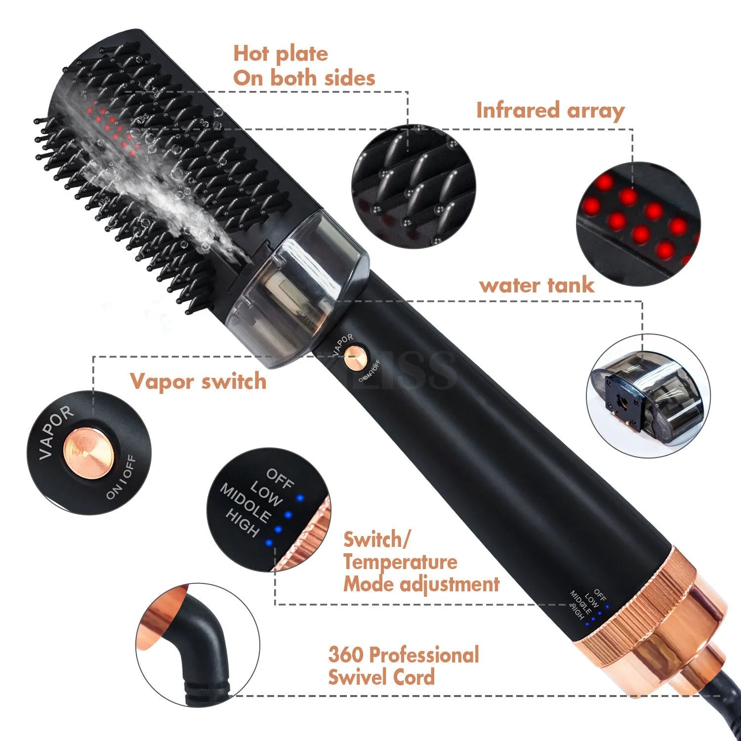 Black and pink tourmaline hot air comb for hair styling with temperature control dial