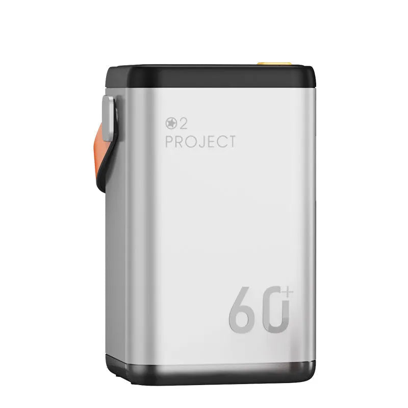 Square blue outdoor power bank with 60000mAh capacity, multiple USB ports, and included adapter