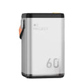 Square blue outdoor power bank with 60000mAh capacity, multiple USB ports, and included adapter