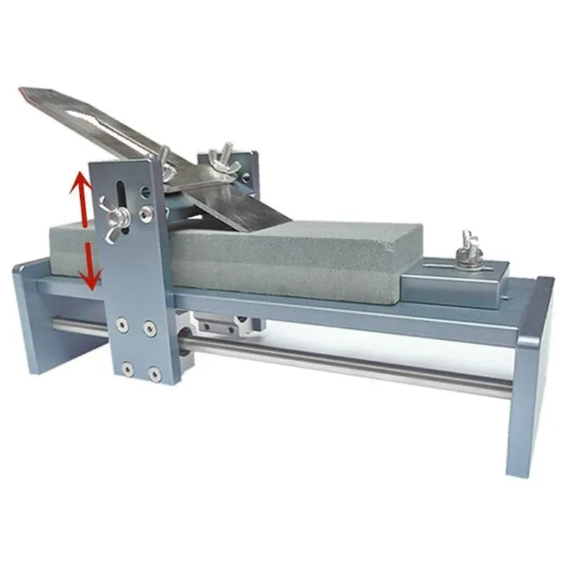 Aluminium and stainless steel fixed angle sharpening tool for chisels and planers on a workbench.