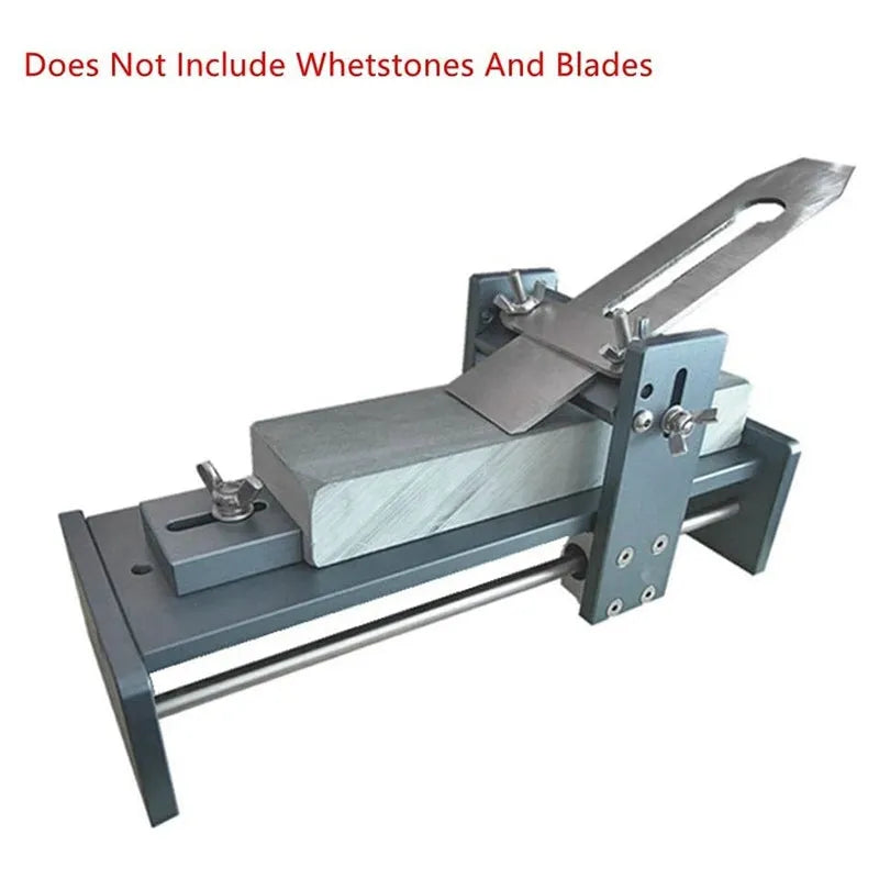 Aluminium and stainless steel fixed angle sharpening tool for chisels and planers on a workbench.
