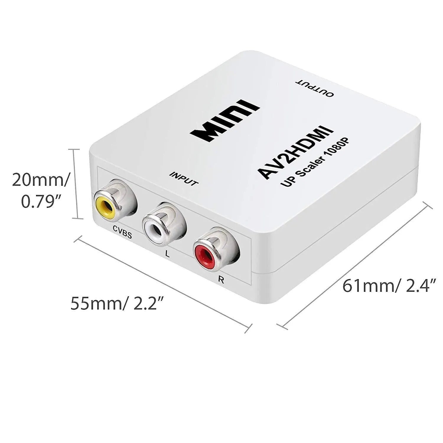 Small white AV to HDMI converter box with attached cable on a black background.