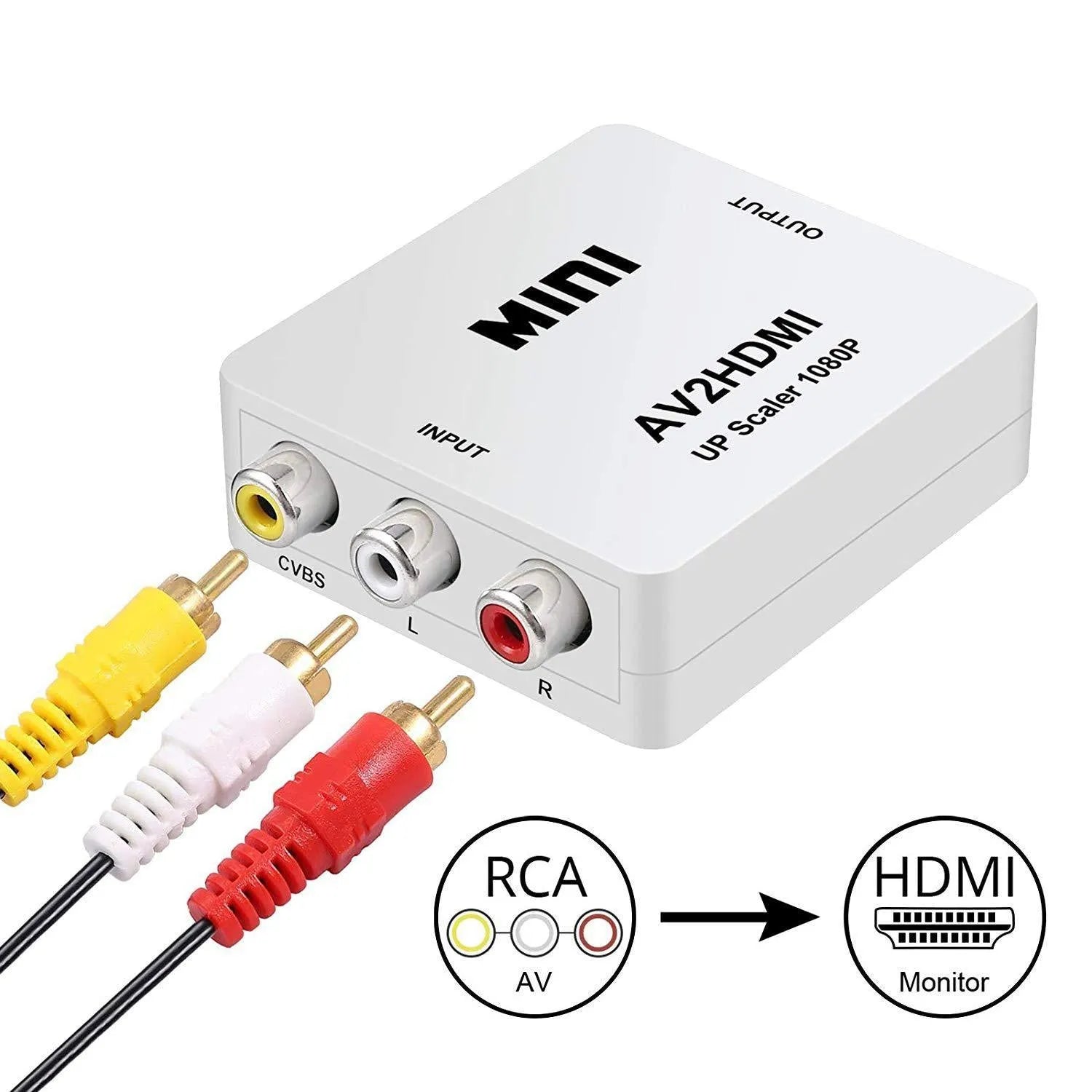 Small white AV to HDMI converter box with attached cable on a black background.