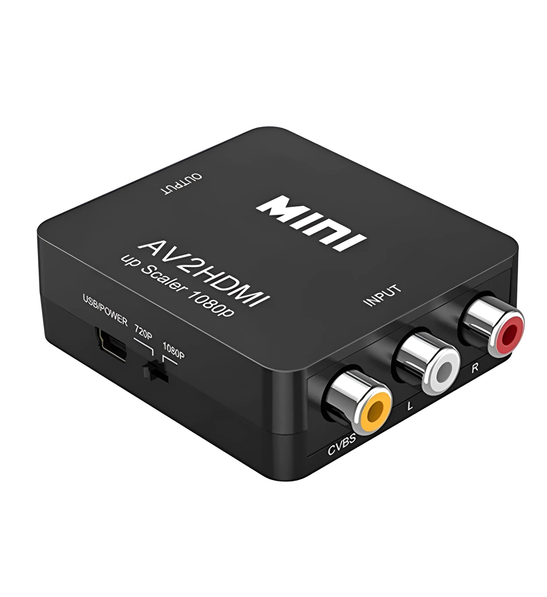 Small white AV to HDMI converter box with attached cable on a black background.
