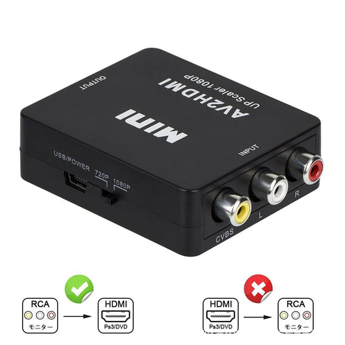 Small white AV to HDMI converter box with attached cable on a black background.