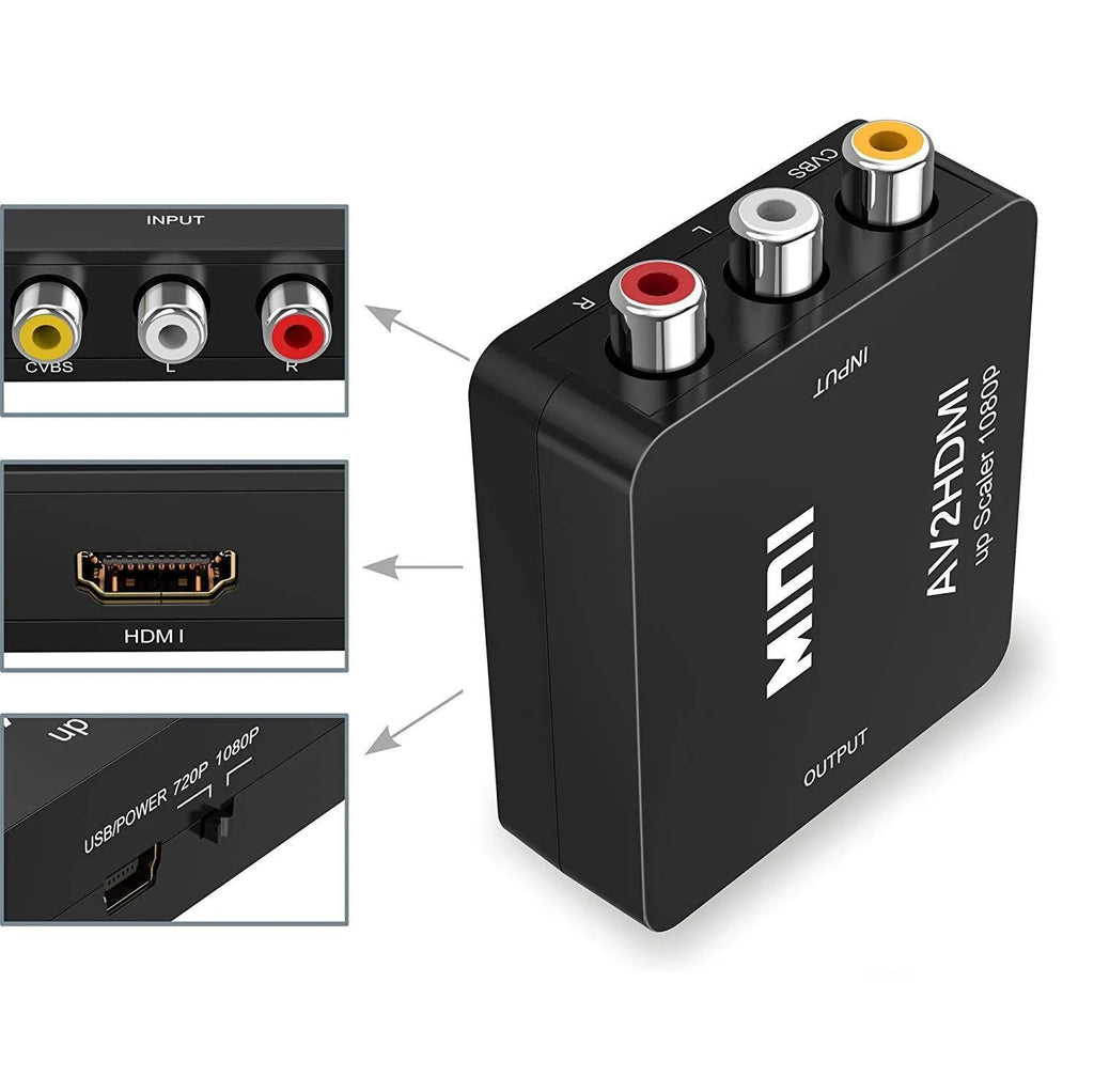 Small white AV to HDMI converter box with attached cable on a black background.