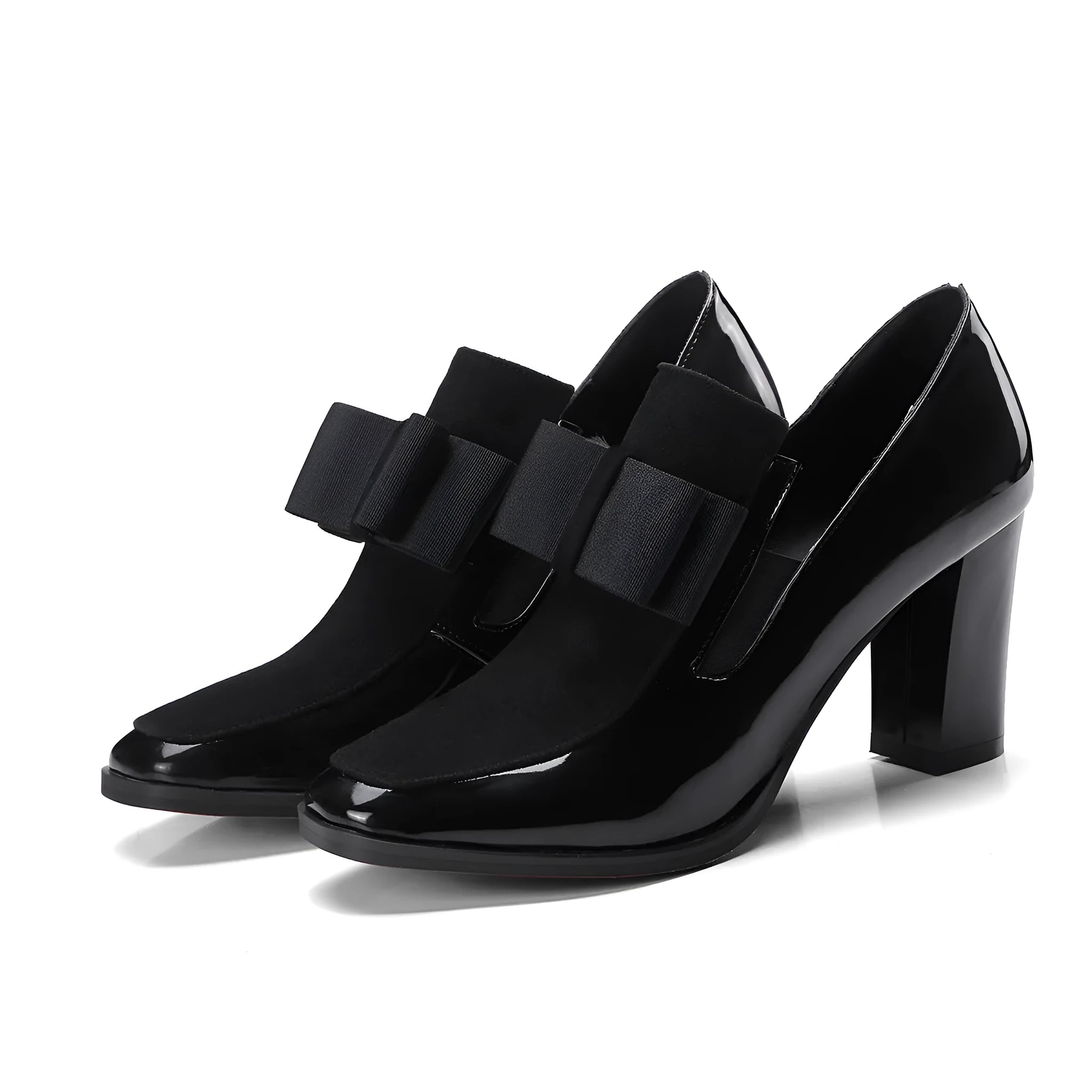 Black patent leather women's high-heel shoes with a thick heel and square toe.