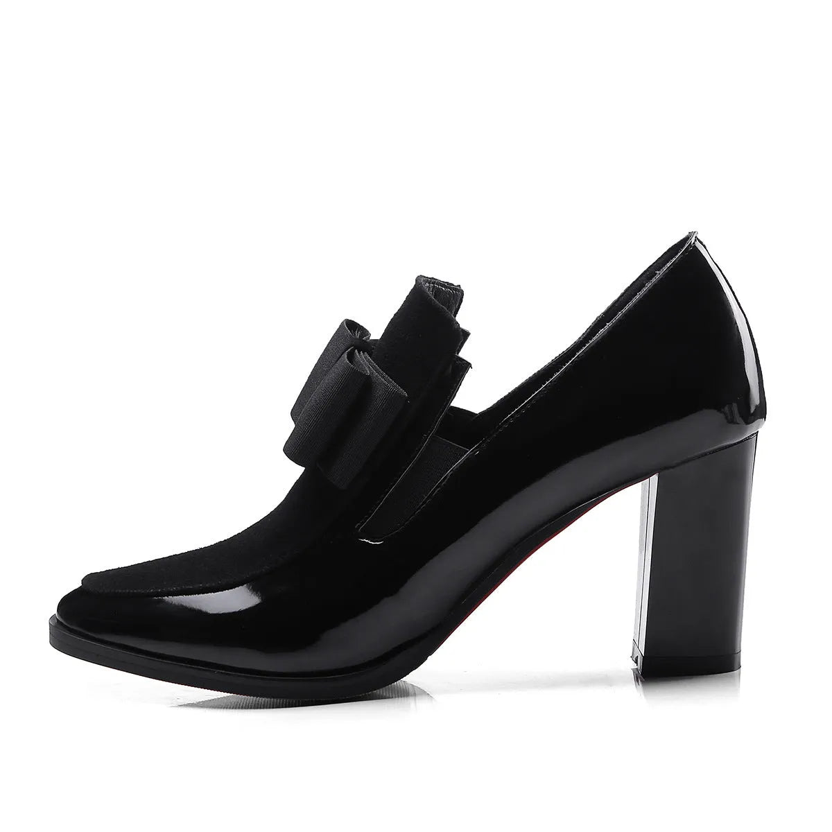 Black patent leather women's high-heel shoes with a thick heel and square toe.