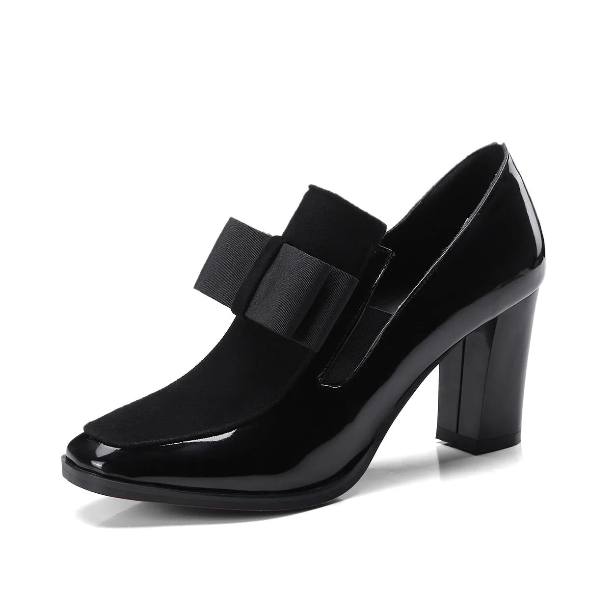 Black patent leather women's high-heel shoes with a thick heel and square toe.