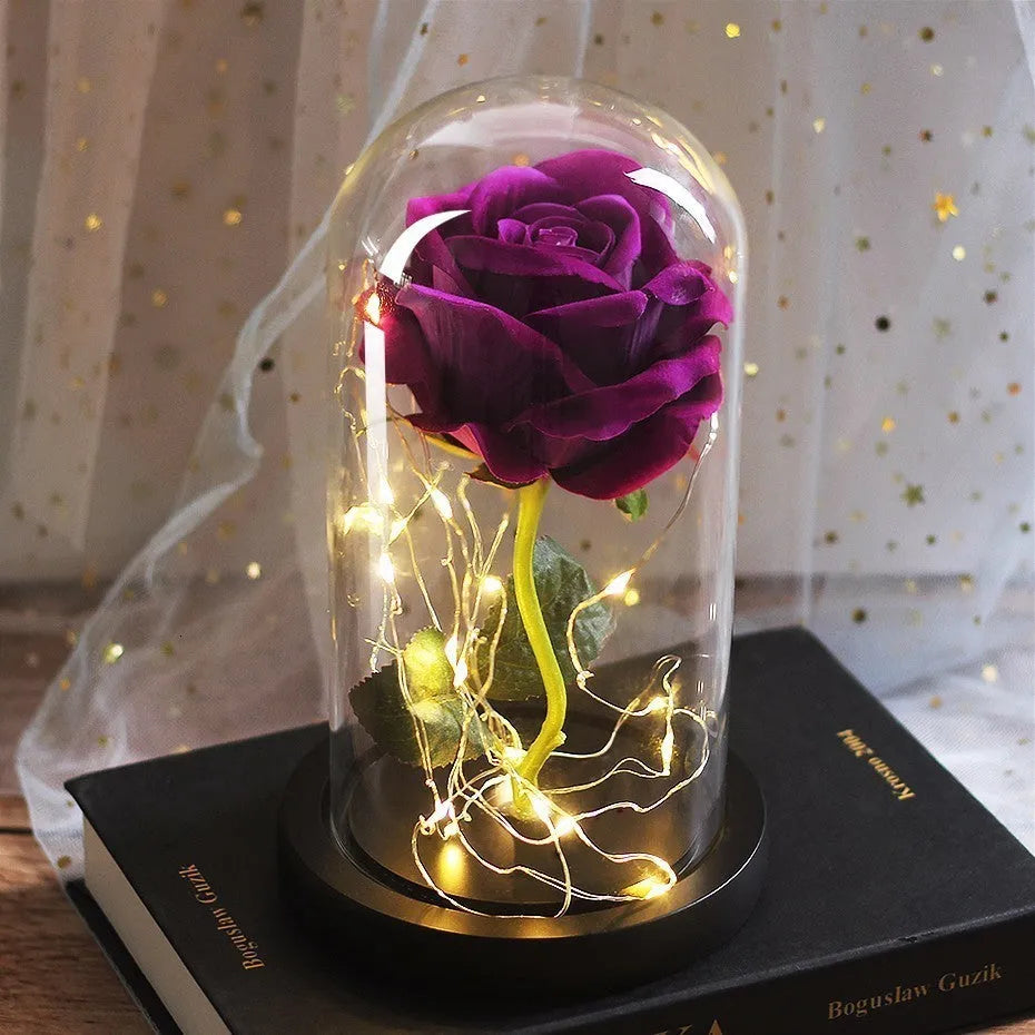 LED illuminated silk rose bouquet with glass cover and solid wood base in multiple colour options