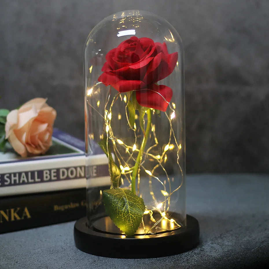 LED illuminated silk rose bouquet with glass cover and solid wood base in multiple colour options