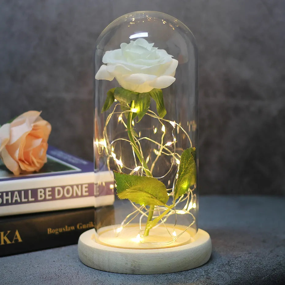 LED illuminated silk rose bouquet with glass cover and solid wood base in multiple colour options