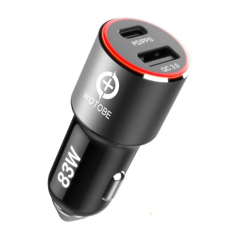 83W dual-port fast car charger with USB C and QC3.0 ports for Apple and Android device charging