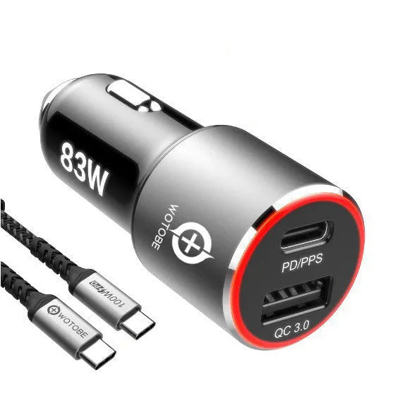 83W dual-port fast car charger with USB C and QC3.0 ports for Apple and Android device charging