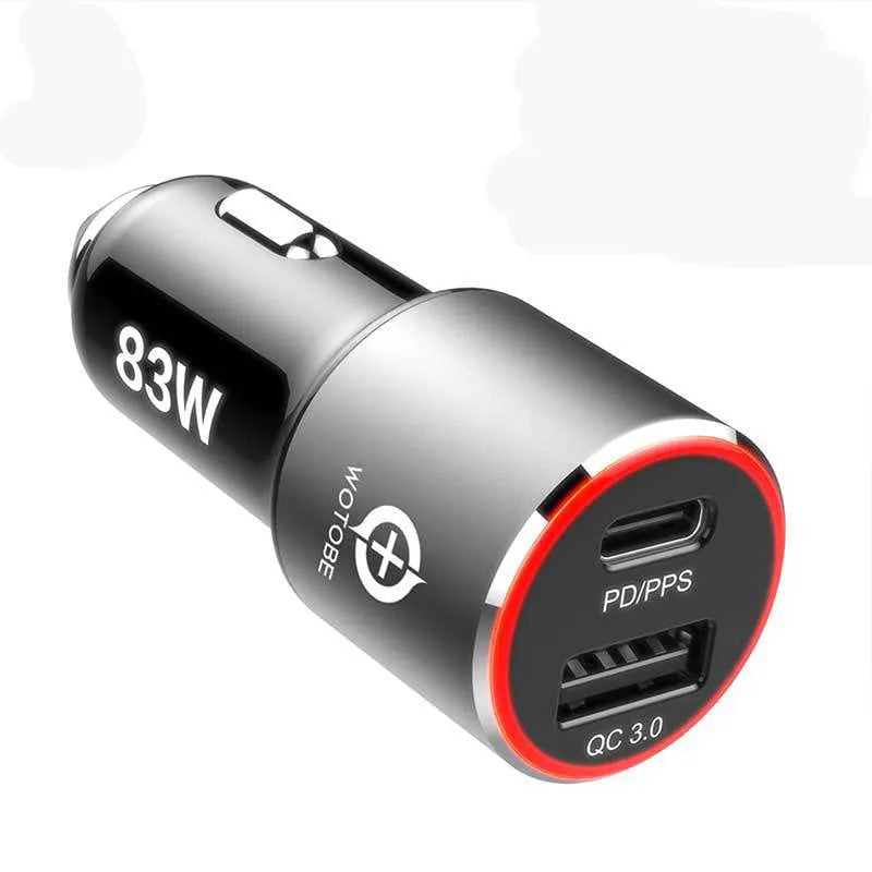83W dual-port fast car charger with USB C and QC3.0 ports for Apple and Android device charging