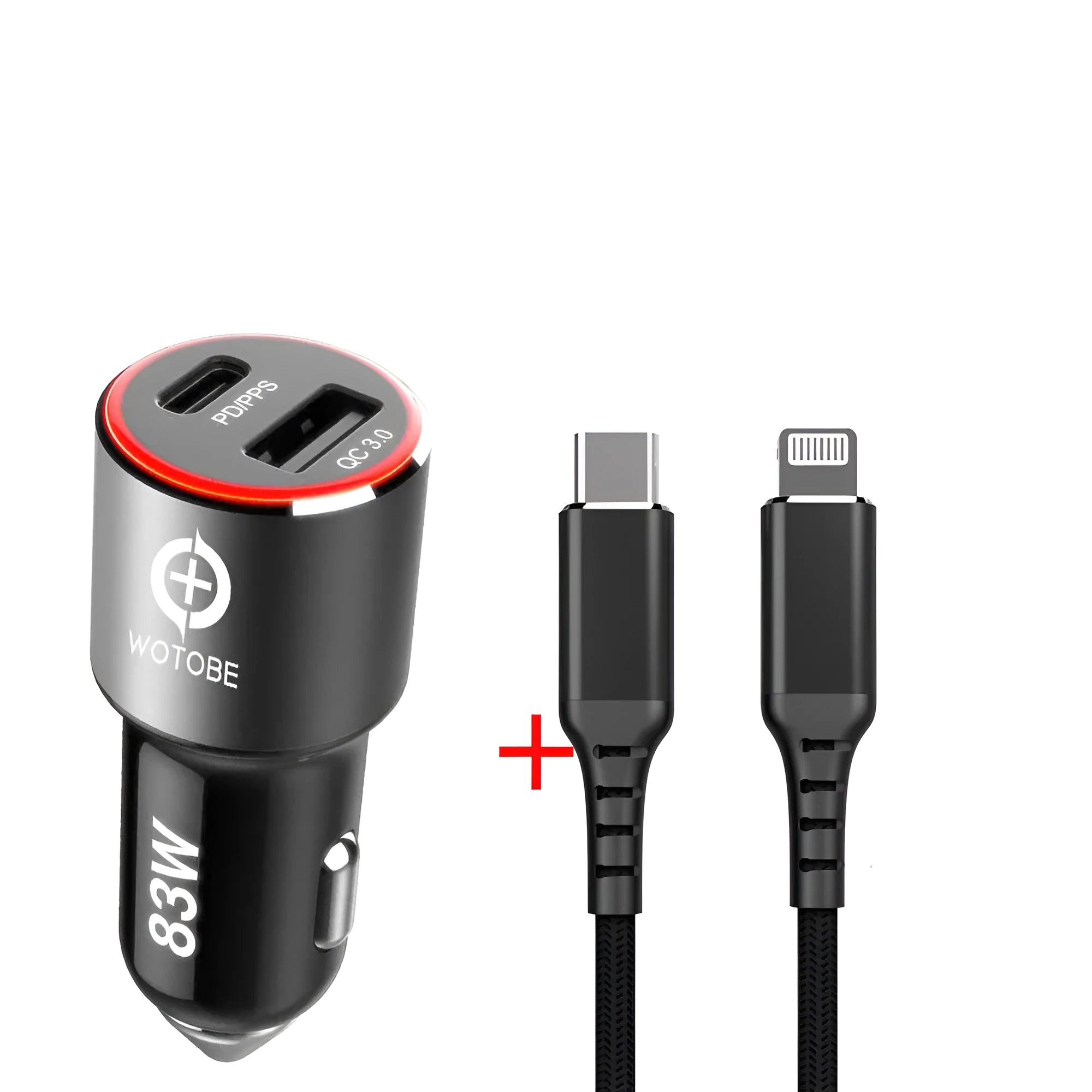 83W dual-port fast car charger with USB C and QC3.0 ports for Apple and Android device charging