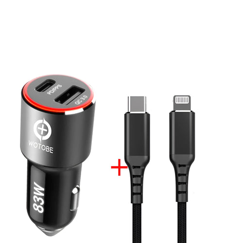 83W dual-port fast car charger with USB C and QC3.0 ports for Apple and Android device charging