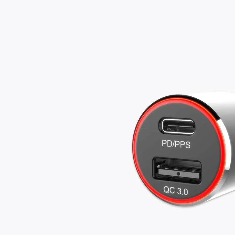 83W dual-port fast car charger with USB C and QC3.0 ports for Apple and Android device charging