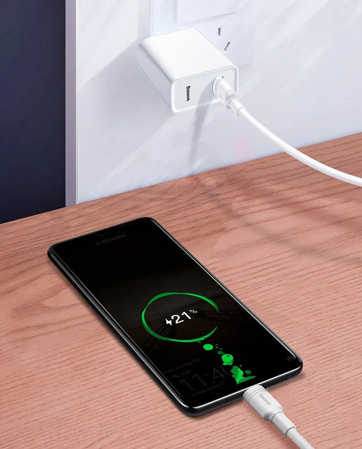 Baseus black and white Micro USB fast charging cables showing 1 metre and 2 metre length options