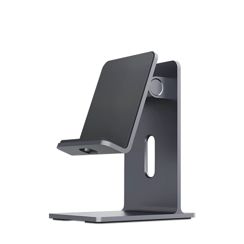 Alloy desktop mobile phone holder bracket in dark gray and silver colours