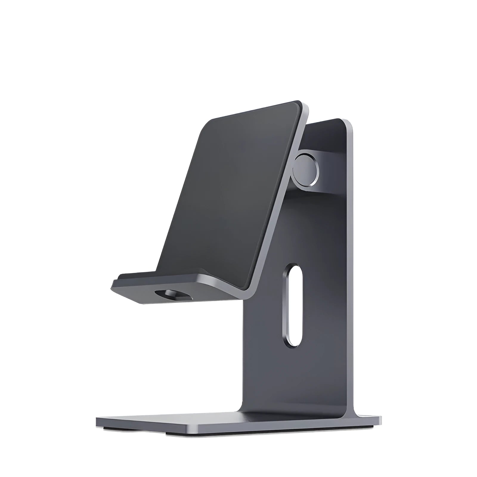 Alloy desktop mobile phone holder bracket in dark gray and silver colours