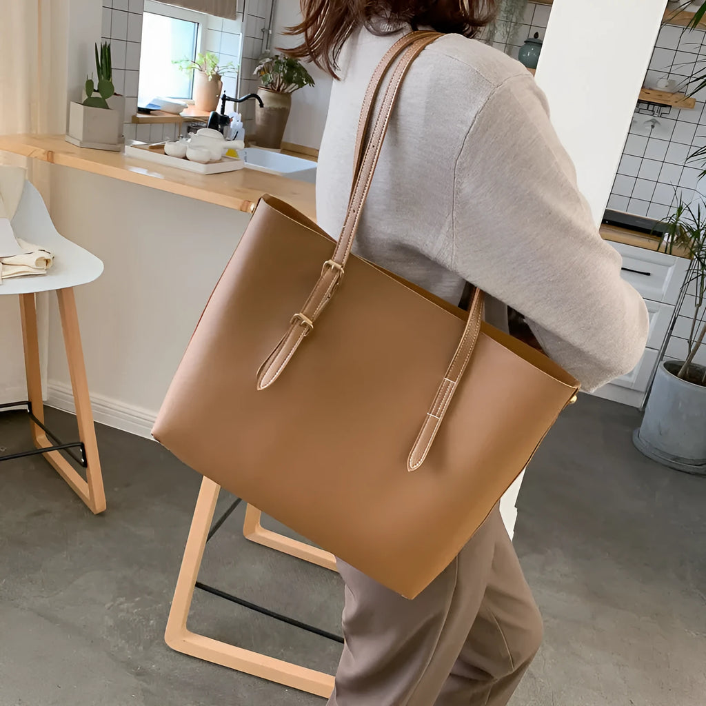 PU leather bucket tote bag for women in khaki, with wide opening and plain design