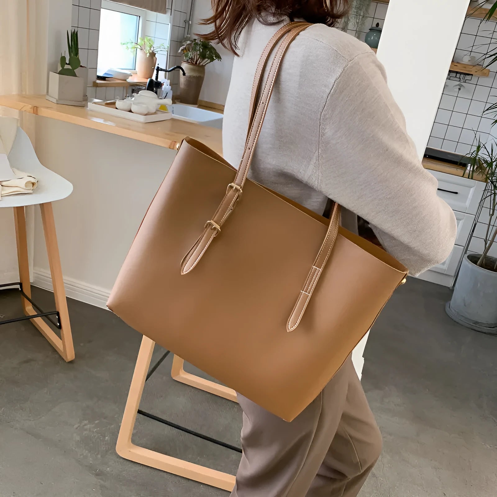 PU leather bucket tote bag for women in khaki, with wide opening and plain design