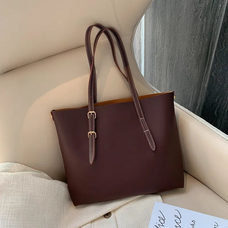 PU leather bucket tote bag for women in khaki, with wide opening and plain design
