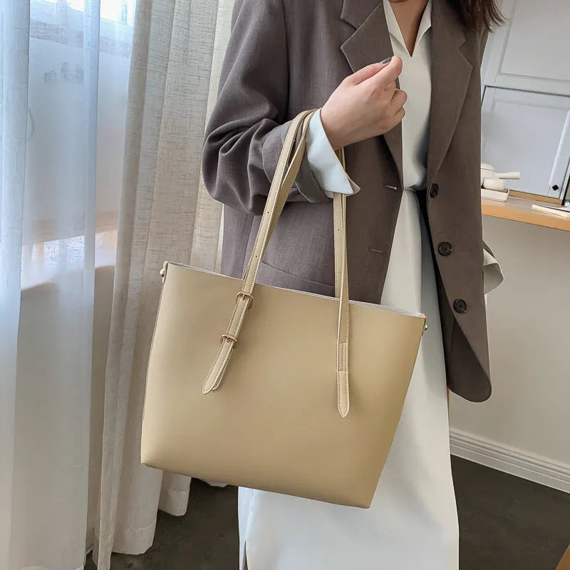PU leather bucket tote bag for women in khaki, with wide opening and plain design