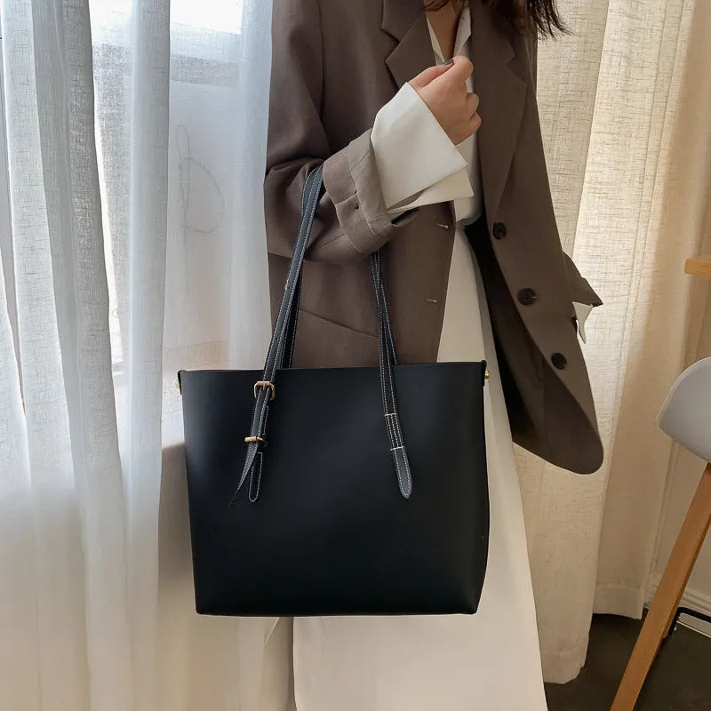 PU leather bucket tote bag for women in khaki, with wide opening and plain design