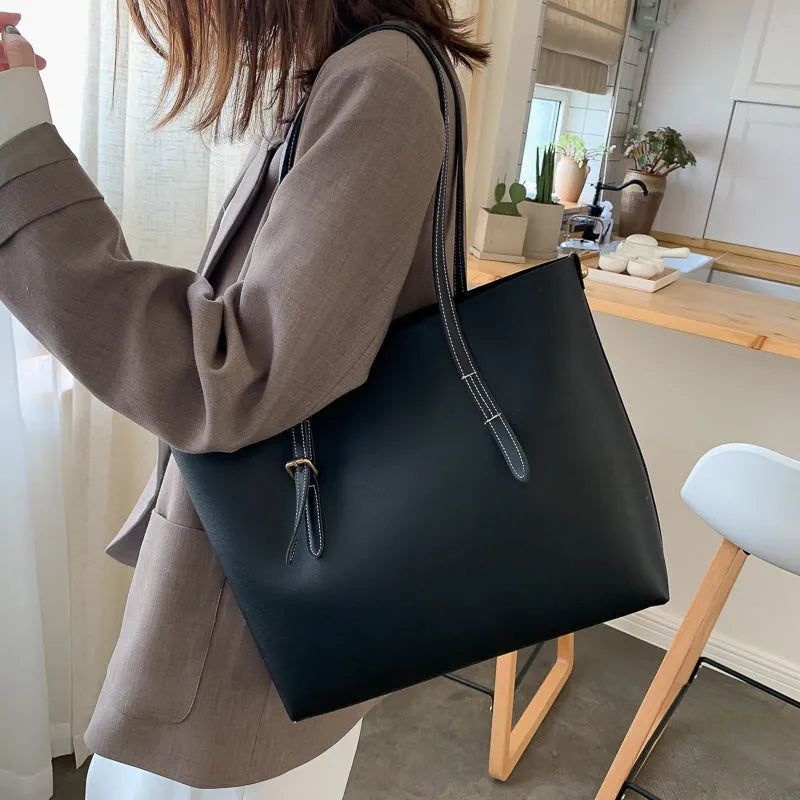 PU leather bucket tote bag for women in khaki, with wide opening and plain design